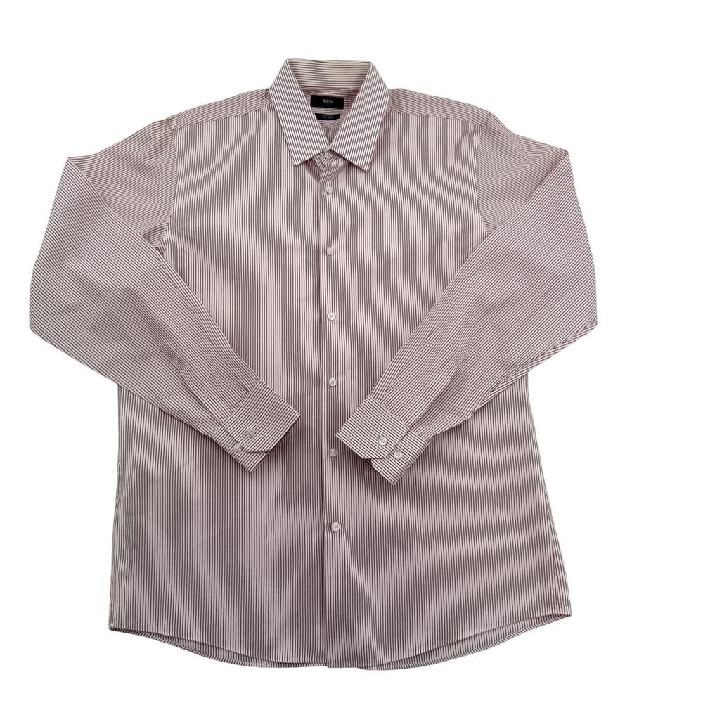 Hugo Boss Men 16.5 34/35 Regular Fit Easy Iron Dress Shirt Burgundy White Stripe